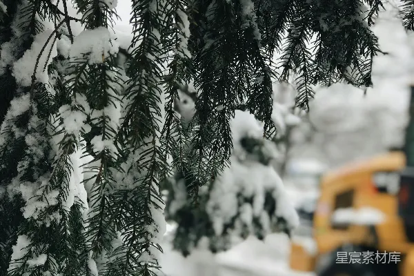 高清摄影 一辆黄色卡车在覆有白雪的道路上行驶