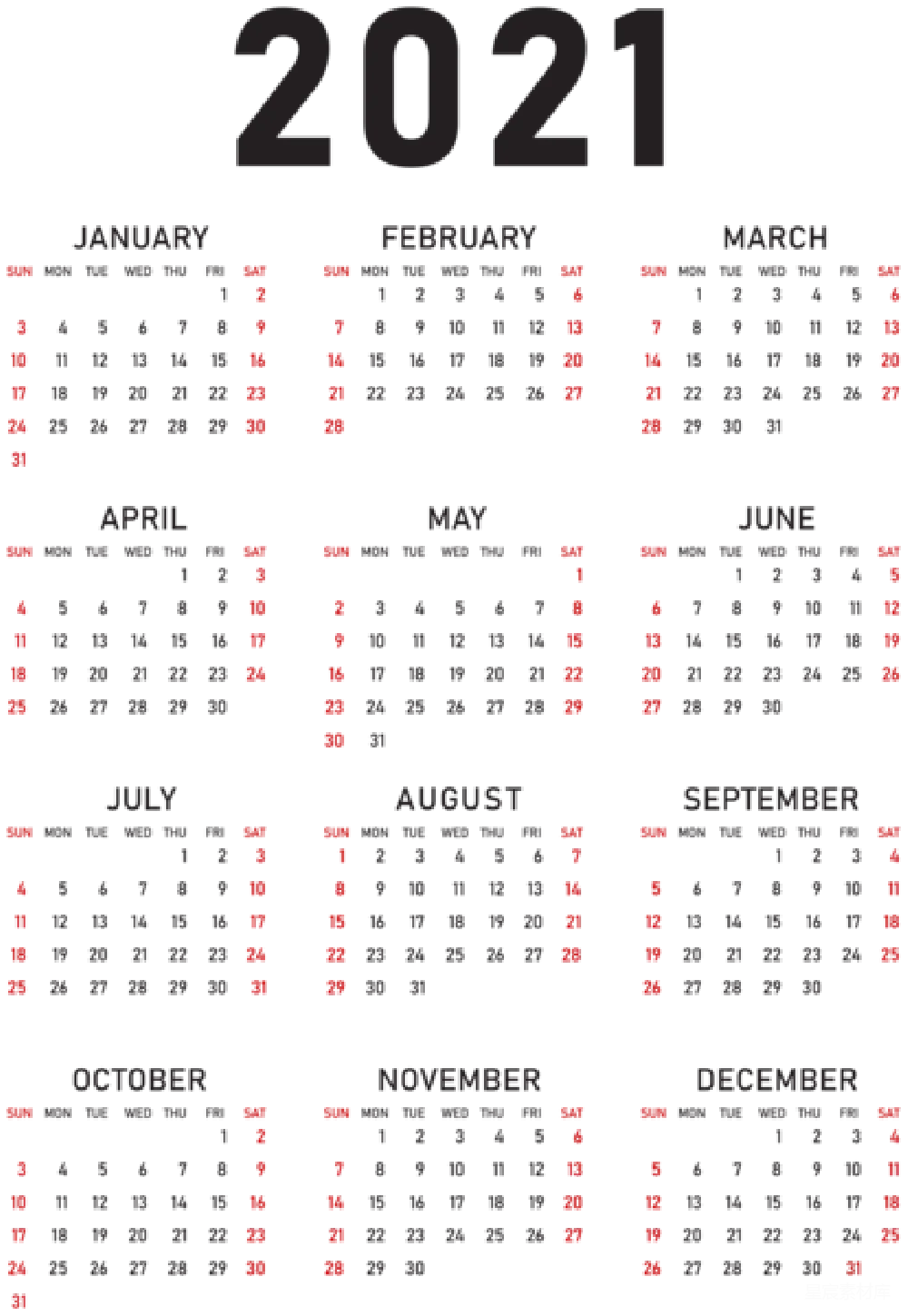 元素素材 日历 2021 黑色 2021年黑色背景红色数字日历
