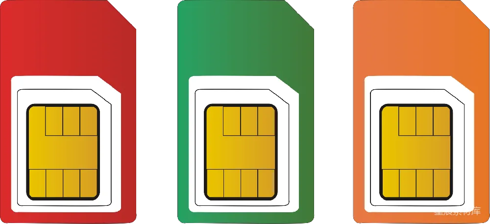 这张图片展示了不同尺寸的SIM卡，包括nano SIM、micro SIM和standard SIM，背景颜色分别为红、绿、橙。适合用于手机配件展示、通信设备介绍或技术说明场景。