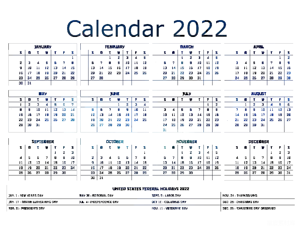 元素素材 2022年 日历 美国 2022年美国联邦假日日历