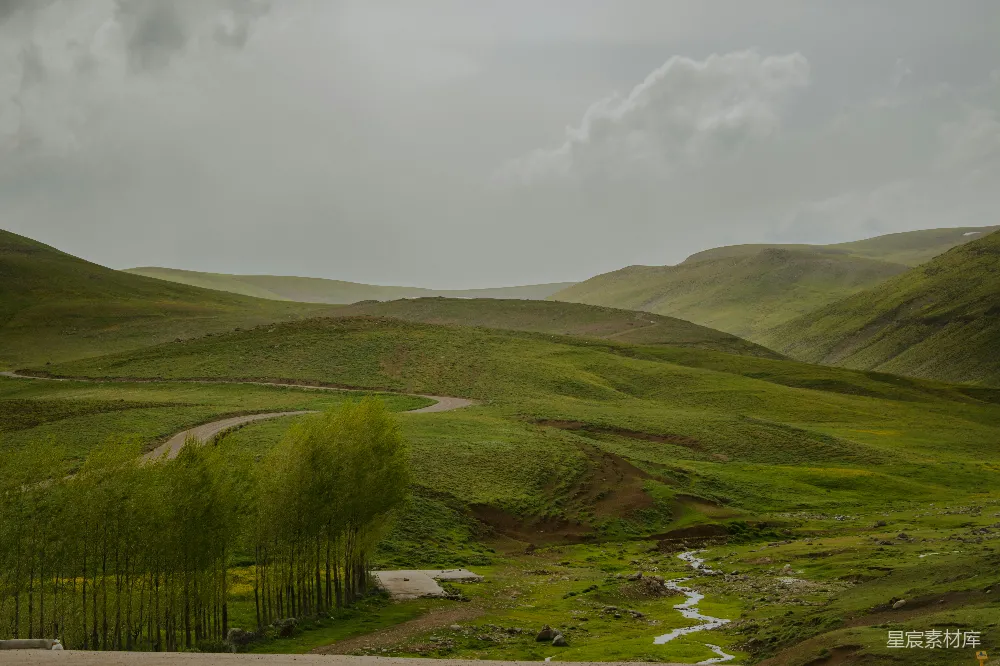 高清摄影  一条蜿蜒穿过郁郁葱葱山谷的道路