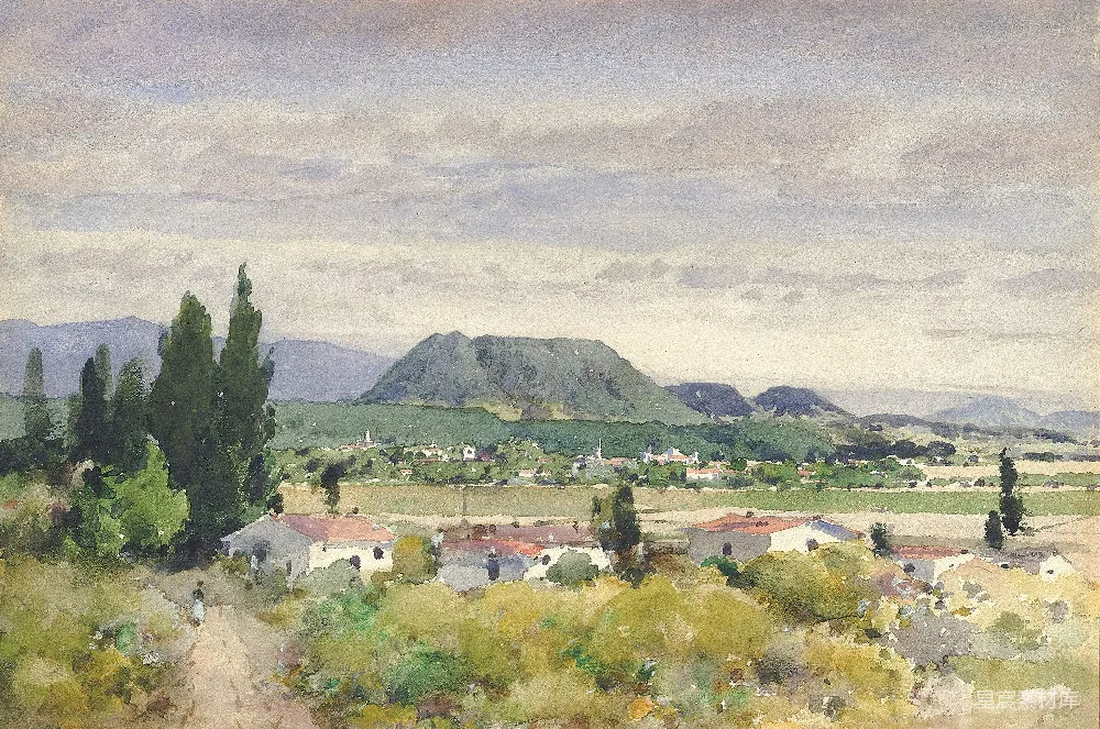 高清摄影 一幅描绘乡村景色的水彩画，背景是连绵起伏的 hills。