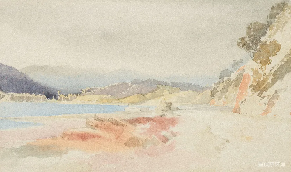 高清摄影  一幅宁静湖泊和起伏山峦的水彩风景画。