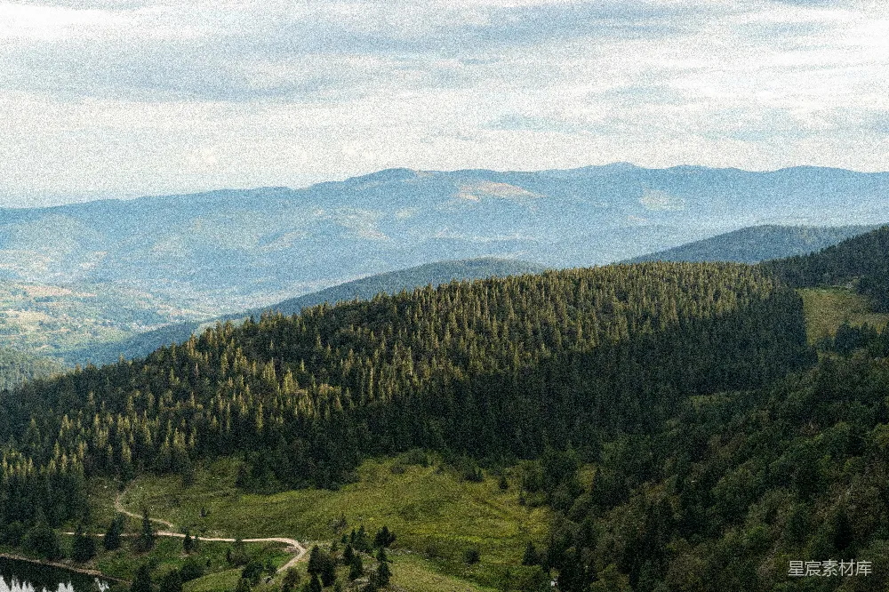 高清摄影 山中绿树映衬白云，白天景色