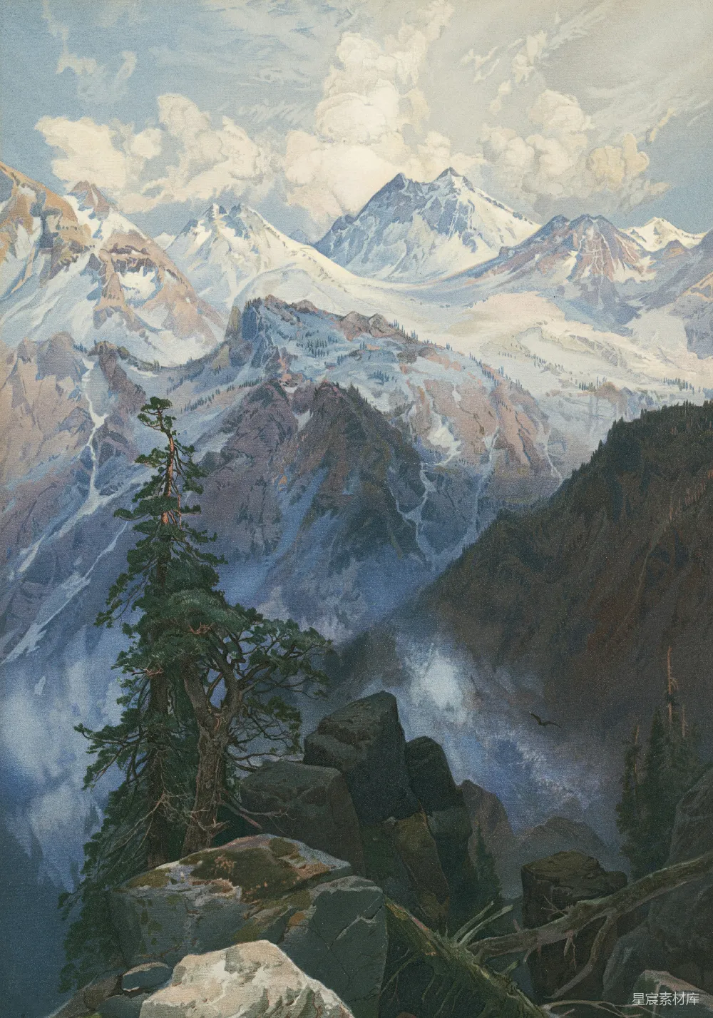 高清摄影 山峦背景中前景有一棵松树的画作
