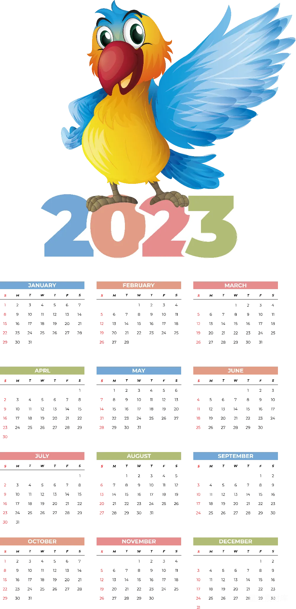 元素素材 卡通 日历 2023 2023年卡通鹦鹉日历