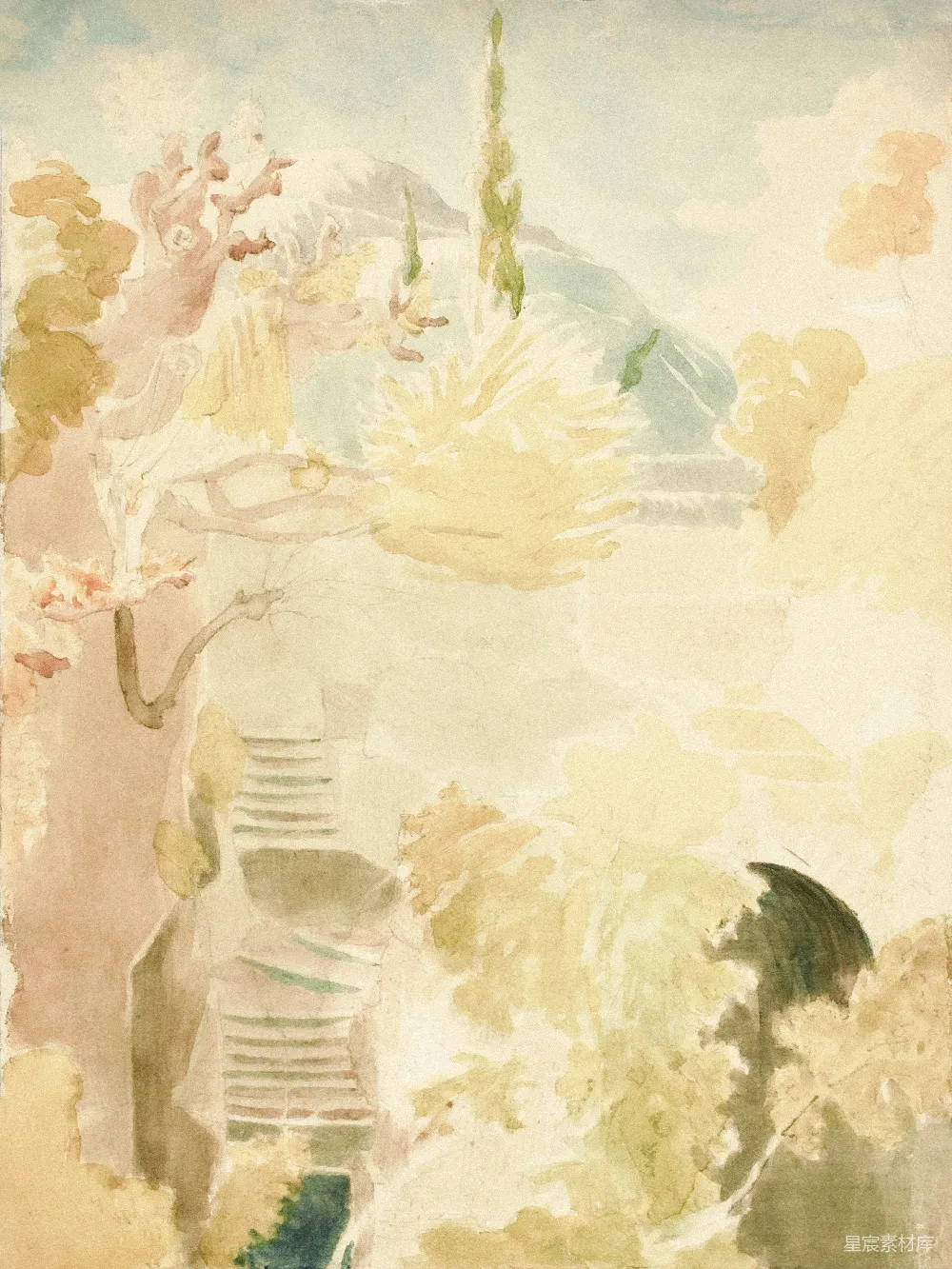 高清摄影 一幅描绘花园和台阶的柔和水彩画。