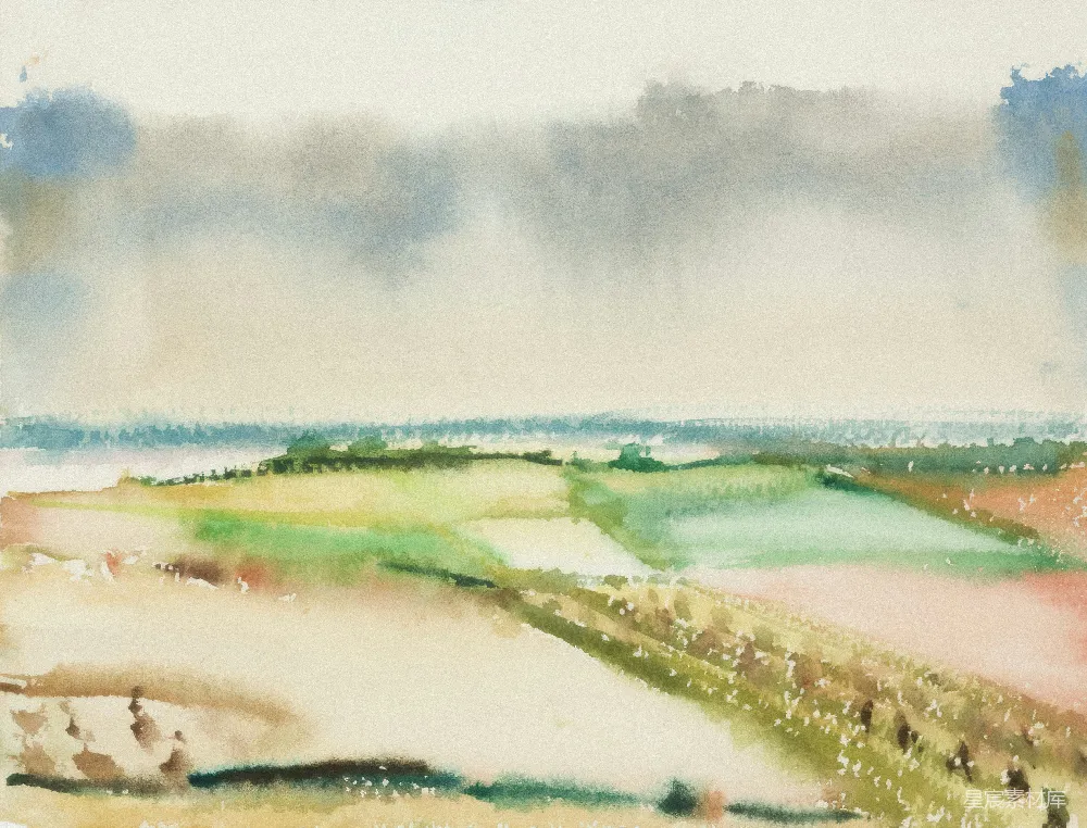 高清摄影  云层下的丘陵地带水彩风景画。