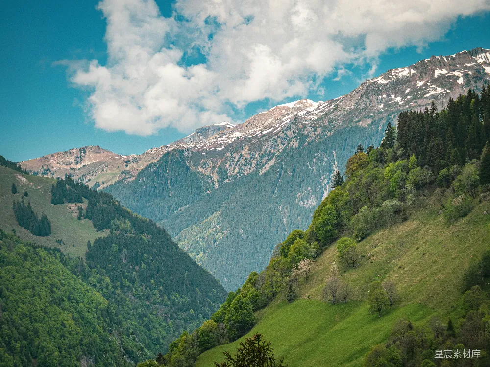 高清摄影 蓝天下翠绿山谷，白云环抱的雪山