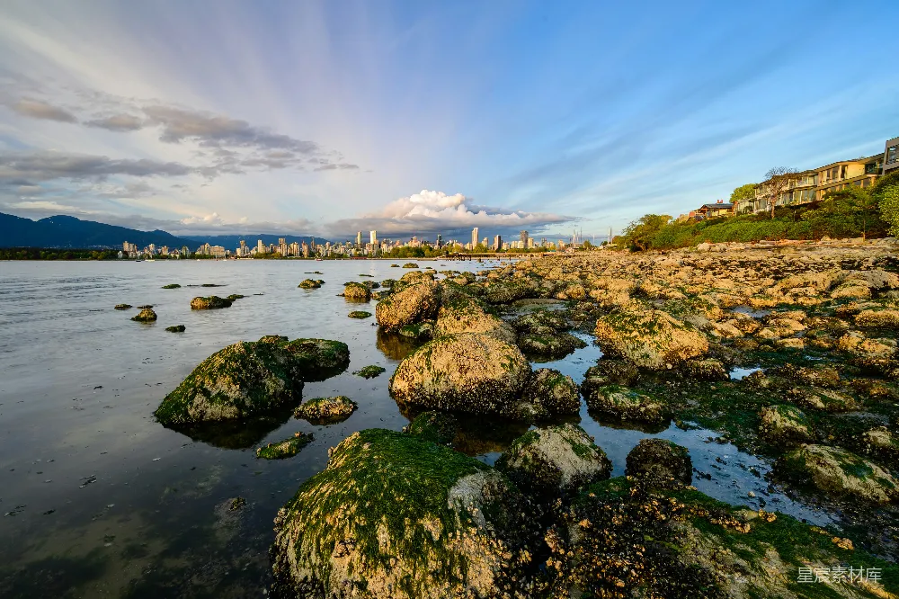 高清摄影 背景中有城市的岩石海岸