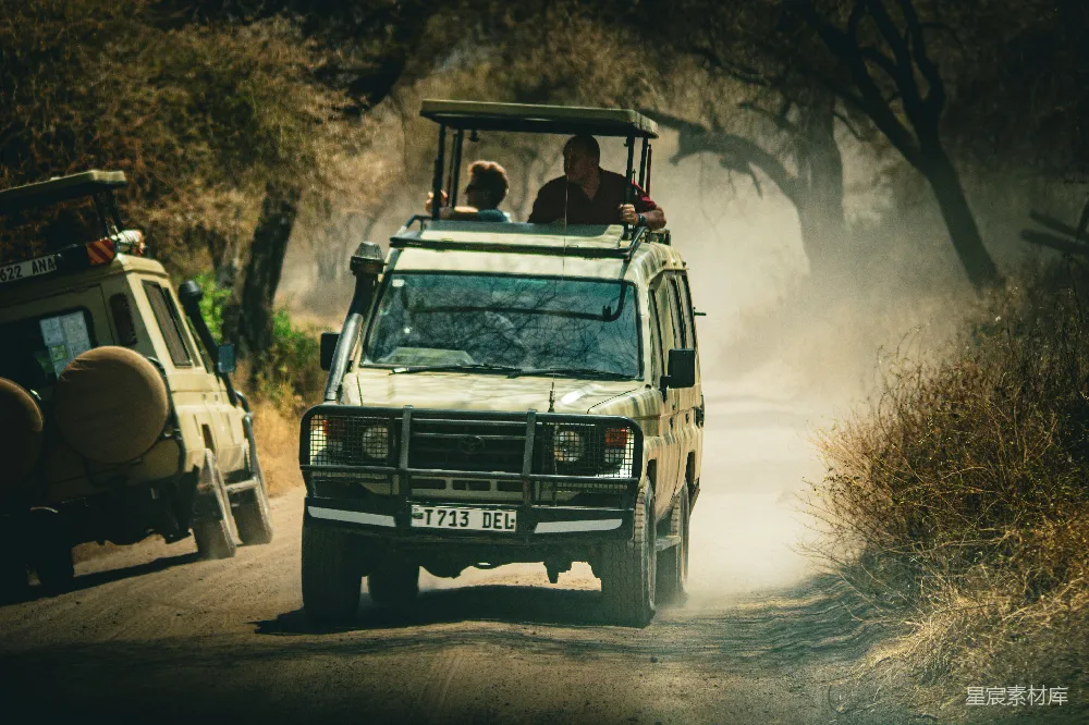高清摄影 一辆 Safari 车沿着泥泞的道路行驶下去。