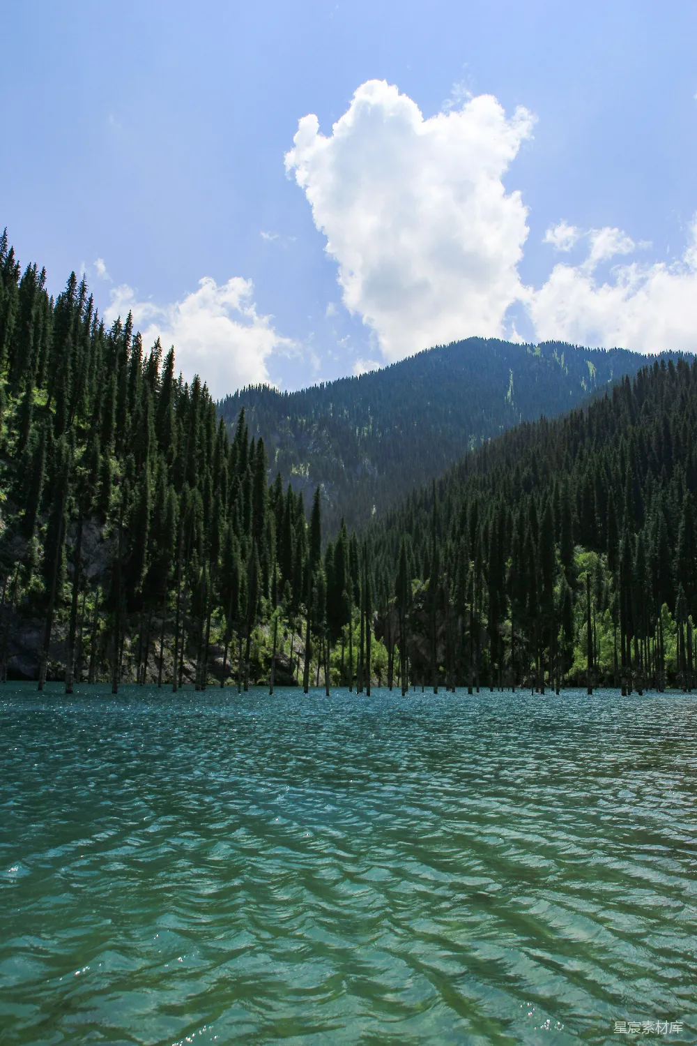 高清摄影 山峦和树木环绕的 turquoise 湖。