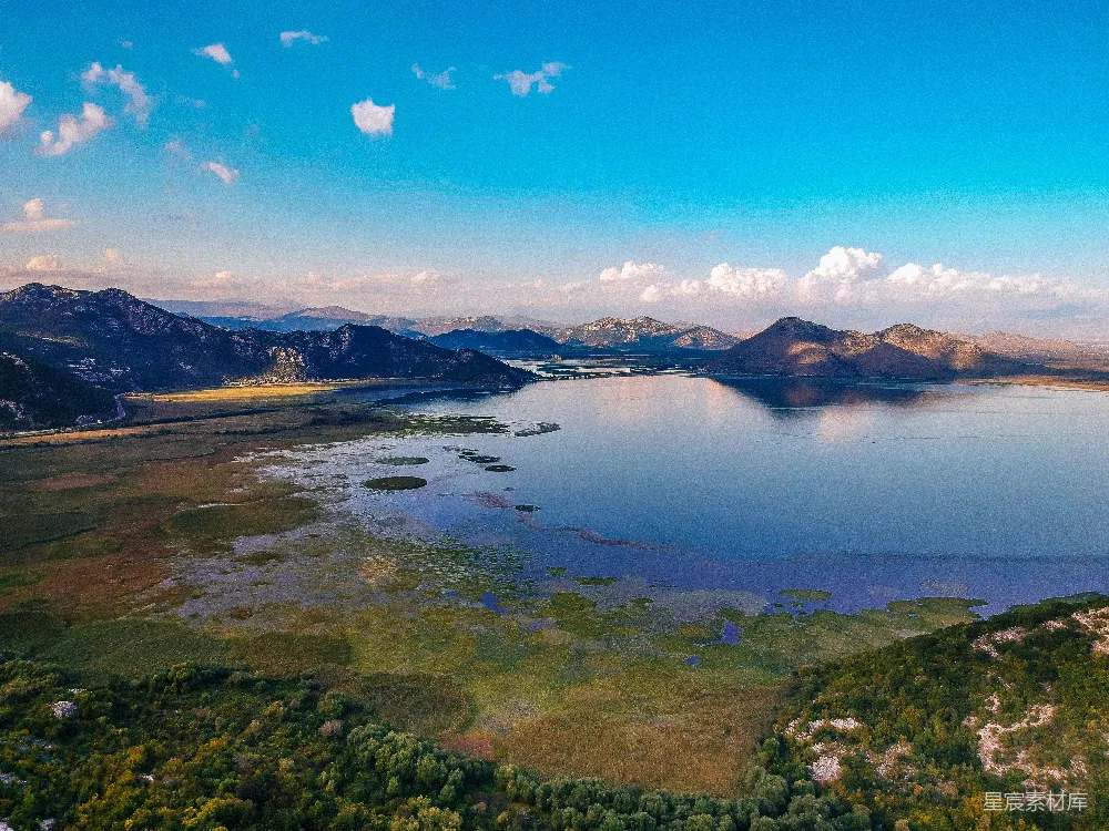 高清摄影 蓝天之下湖边绿草丛中的白天景象