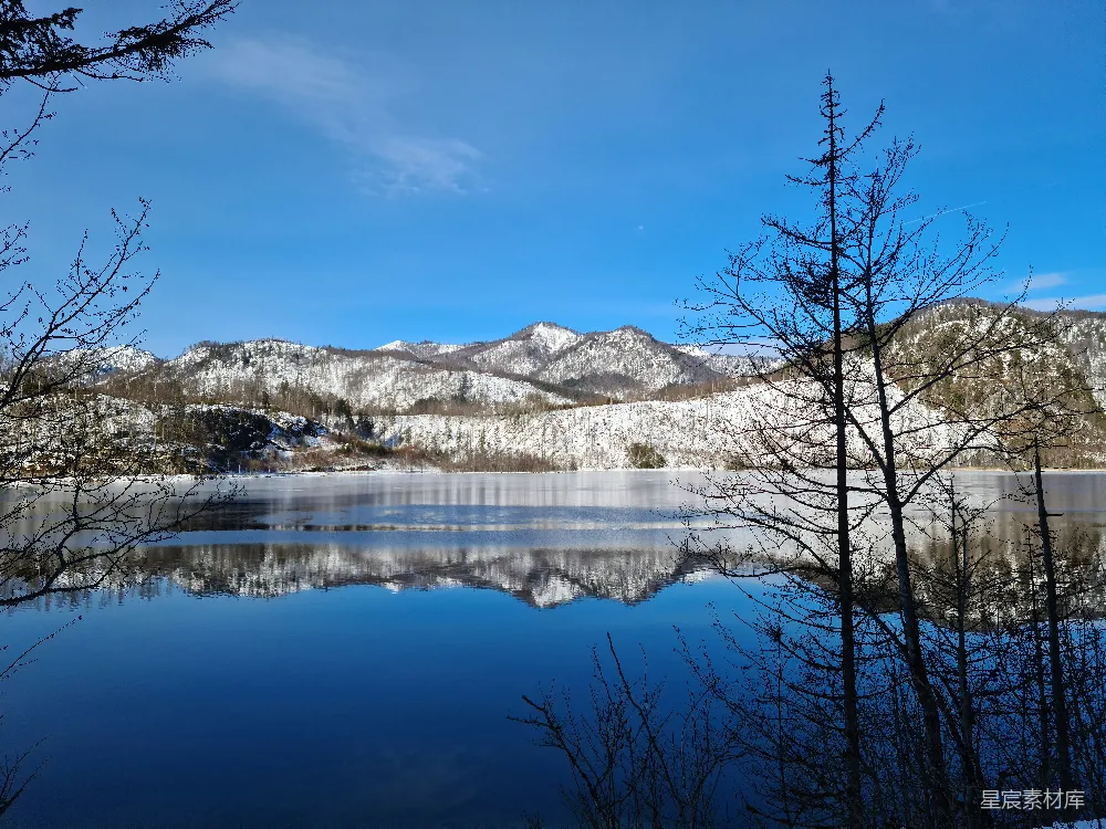高清摄影 一个被雪山和树木环绕的湖泊冻结在雪中