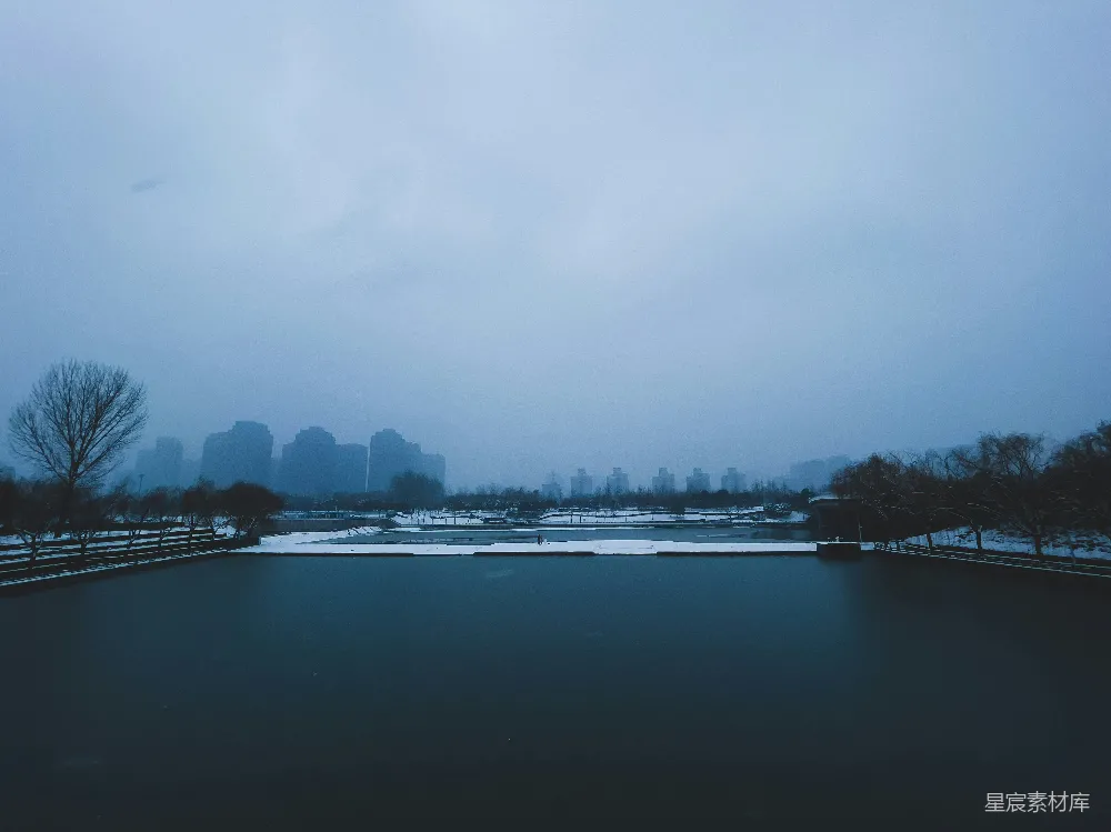 高清摄影 一片被雪覆盖的树木环绕的大片水域