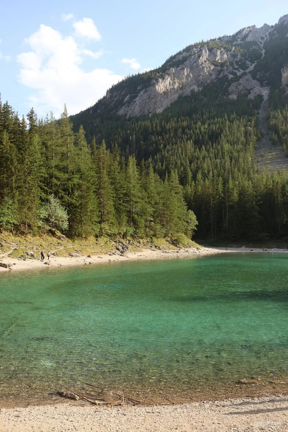 高清摄影 翡翠湖 surrounded by pine forests and a mountain