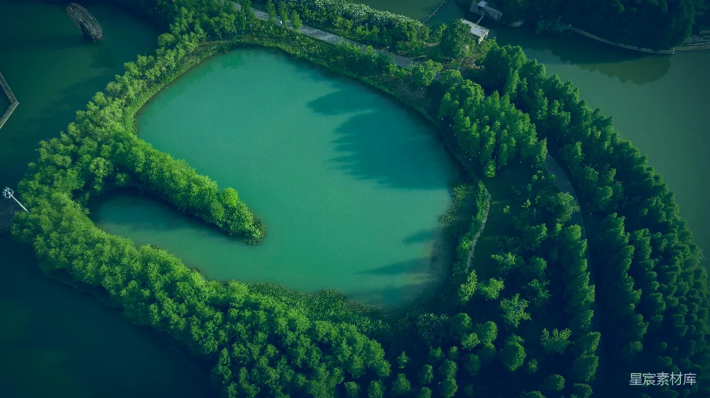 高清摄影 湖畔环绕着树木的一处高空俯视景象