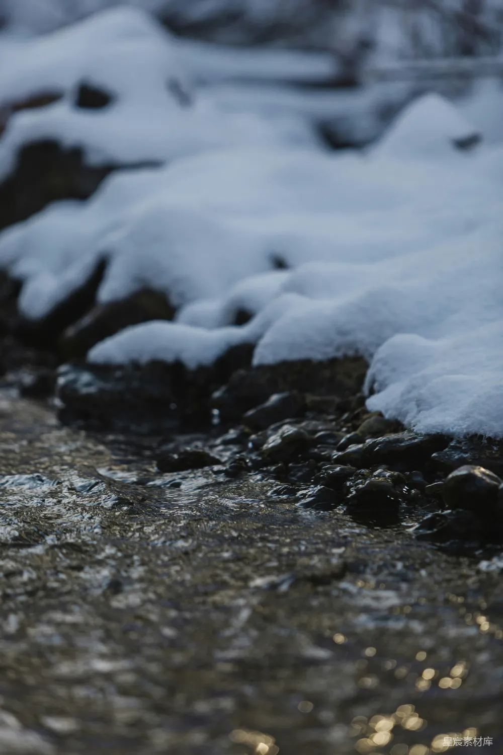 高清摄影 一条溪流穿过覆盖着白雪的森林