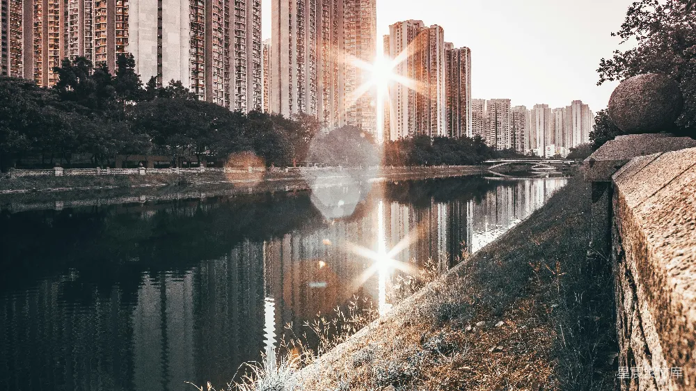 高清摄影 白天阳光透过城市高楼大厦照耀着水面