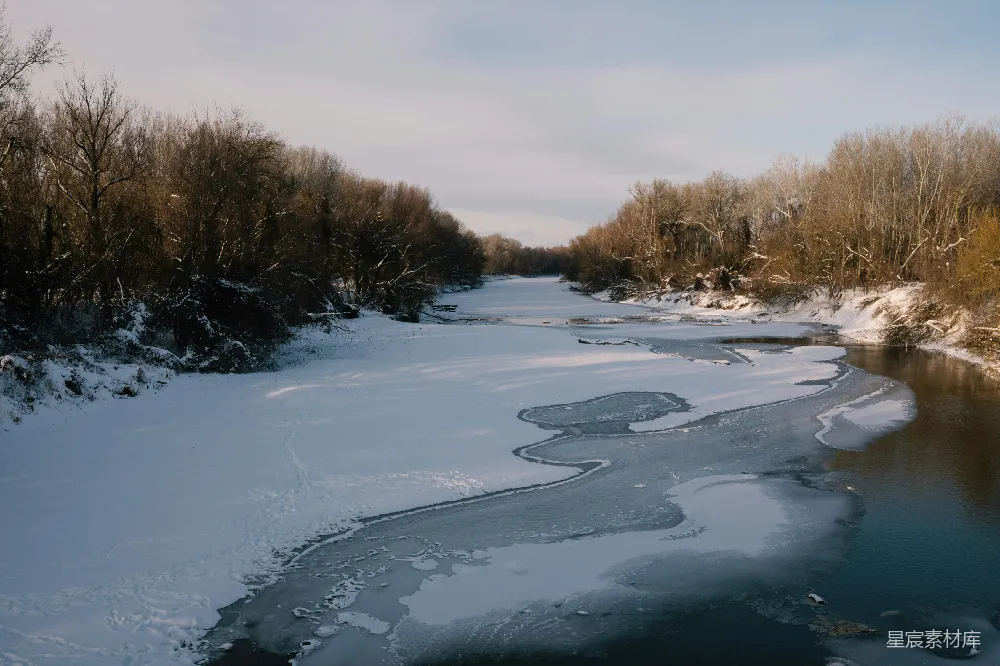 高清摄影 流经雪覆盖森林的冰河