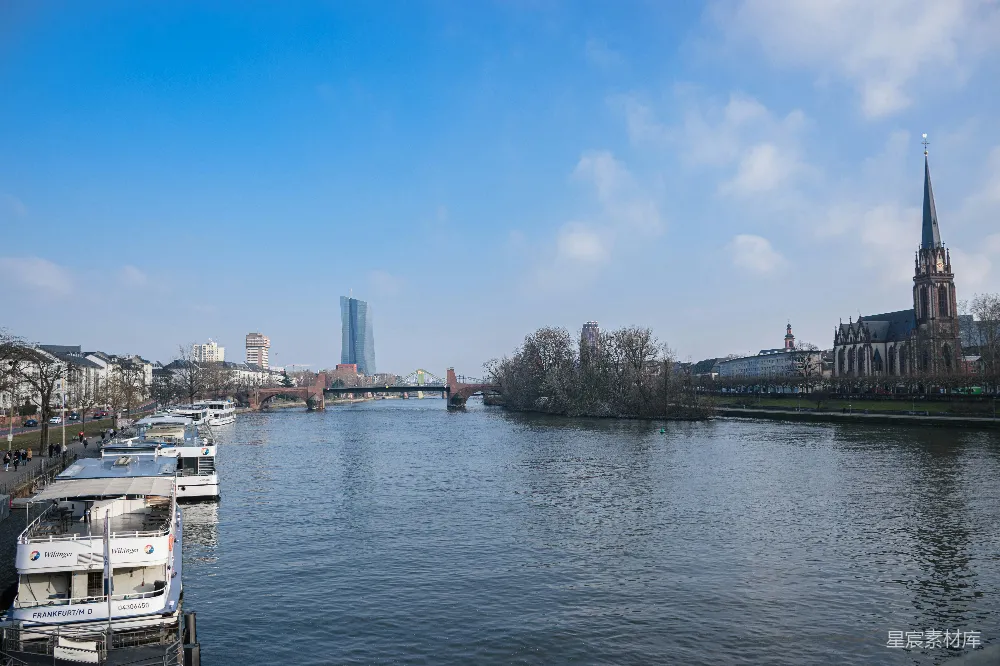 高清摄影 河上船只与蓝天下的城市 skyline