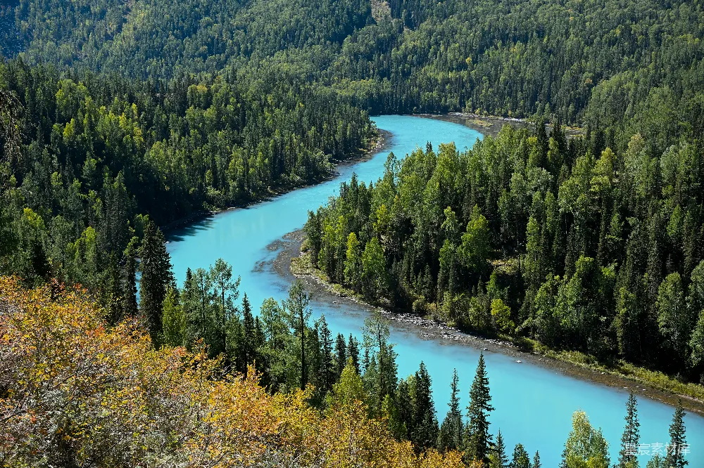 高清摄影 碧绿森林中蜿蜒流淌的 turquoise 河流
