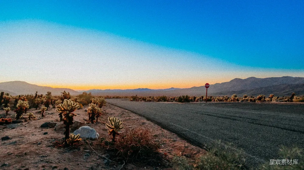 高清摄影  一片沙漠风景，道路蜿蜒于远处的山峦之间。