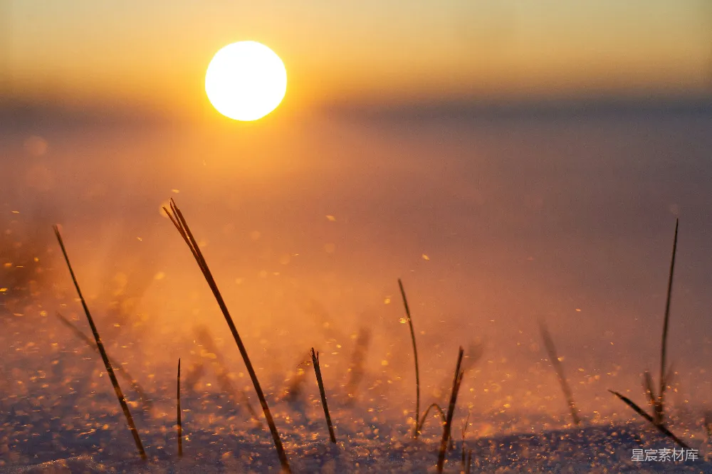 高清摄影 夕阳落在这片覆盖着白雪的地上。