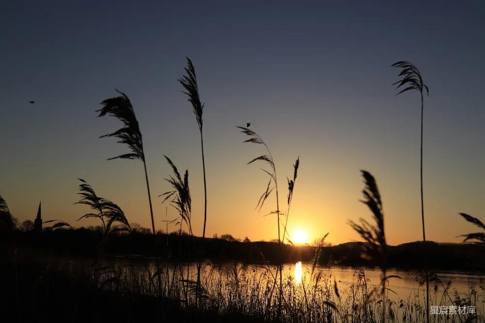 高清摄影 夕阳西下，落在一片水域之上