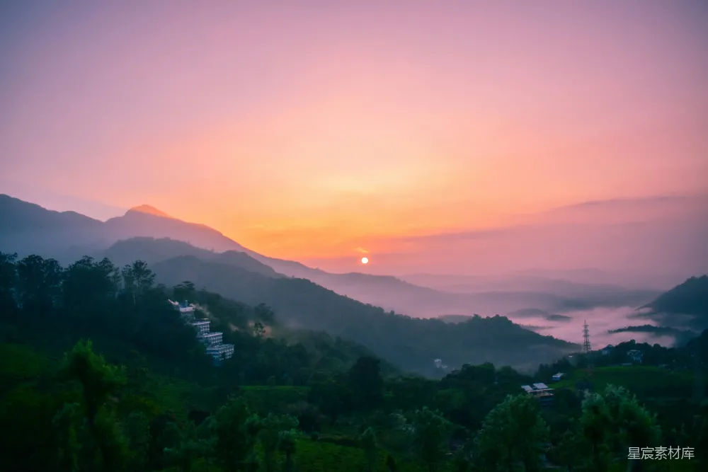 高清摄影 山间绿树傍晚时分