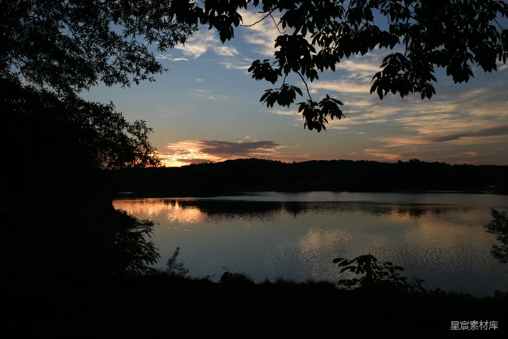 高清摄影 夕阳映照在平静的湖面上，树木形成剪影。