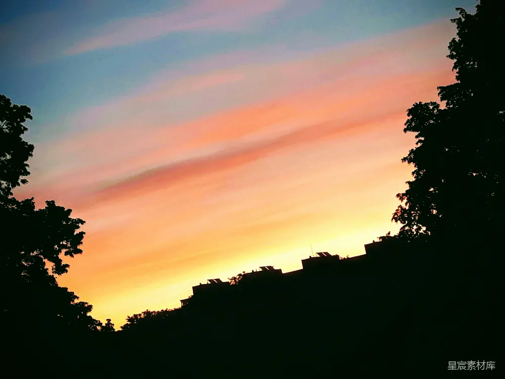 高清摄影 夕阳的色彩给夹在树木之间的天空涂抹上颜色。