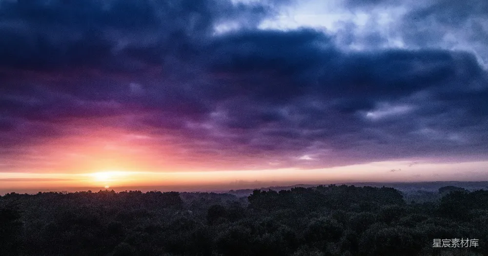高清摄影 夕阳下的绿树蓝天间