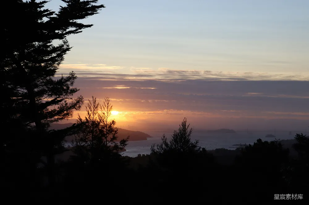 高清摄影 夕阳西下，映照着大海和树木。