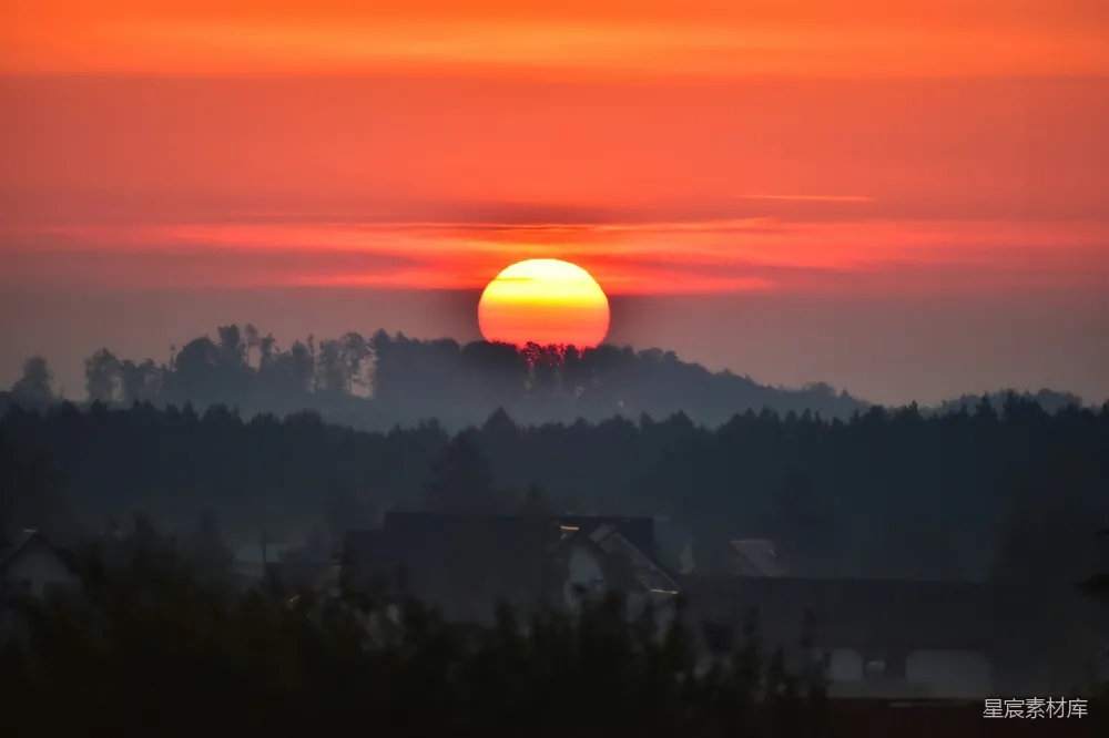 高清摄影 夕阳西下，景色落在一片林区之上。