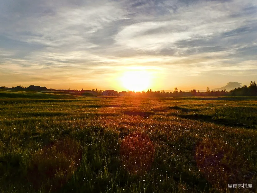 高清摄影 夕阳落在一片草地上方