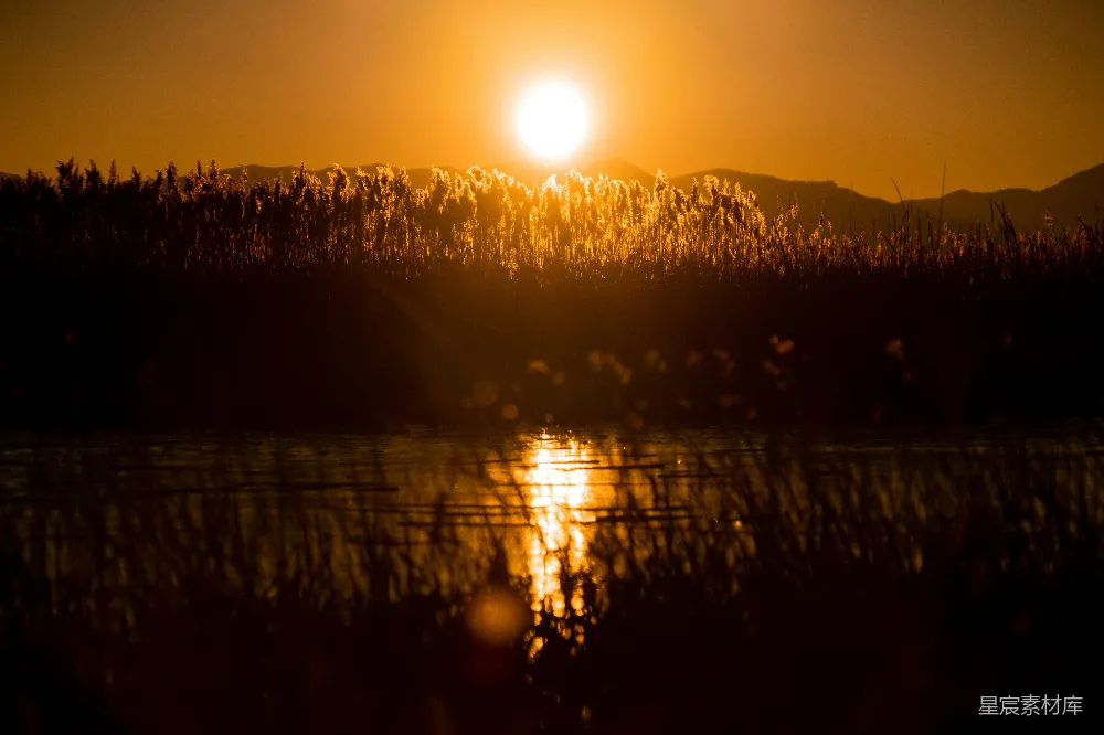 高清摄影 夕阳西下，映照在一片水域之上。