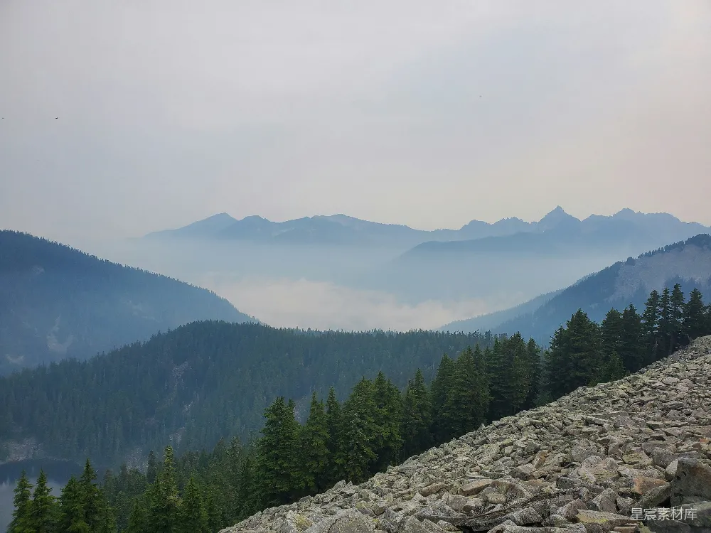 高清摄影 山峦的景色中有树木和雾气的一角