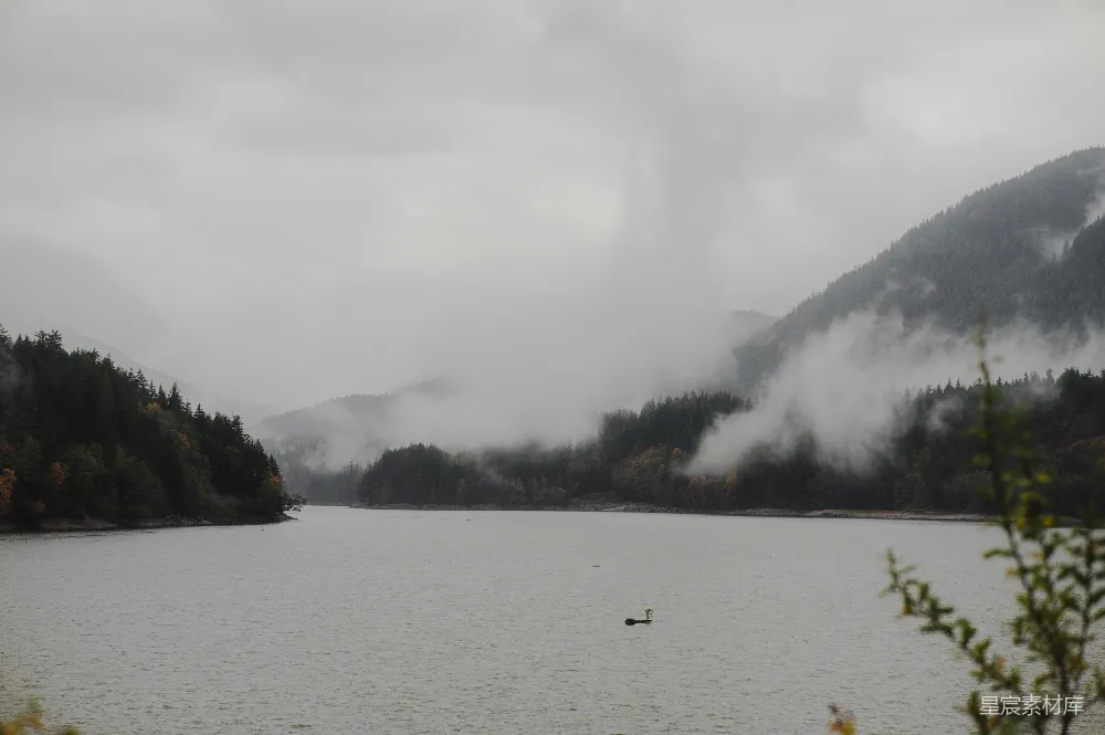 高清摄影 湖边有树木和山峰的背景。
