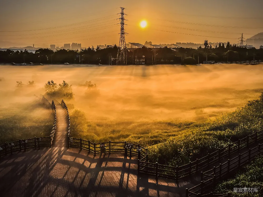 高清摄影 一片雾气弥漫的空地，通往电力线的一条木制小径。