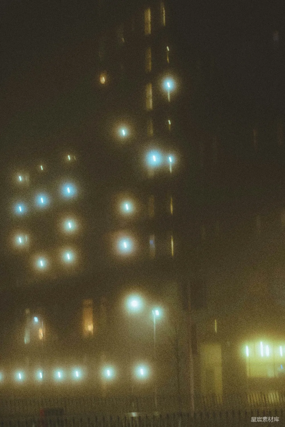 高清摄影 一个有路灯的夜晚，背景中有一座建筑。