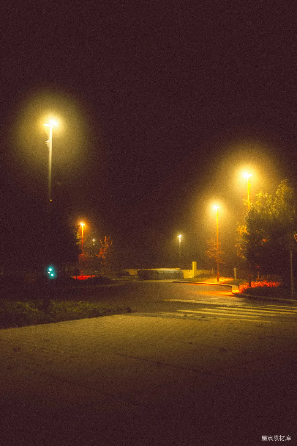 高清摄影 夜晚一条昏暗的街道，有街灯照明。
