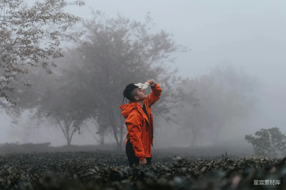 高清摄影 橙色夹克的男人站在黑色的岩石上