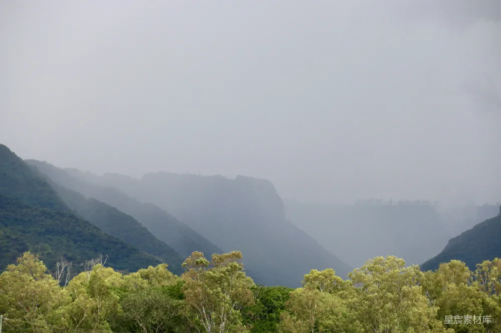 高清摄影 前景中有树木的山峦景色