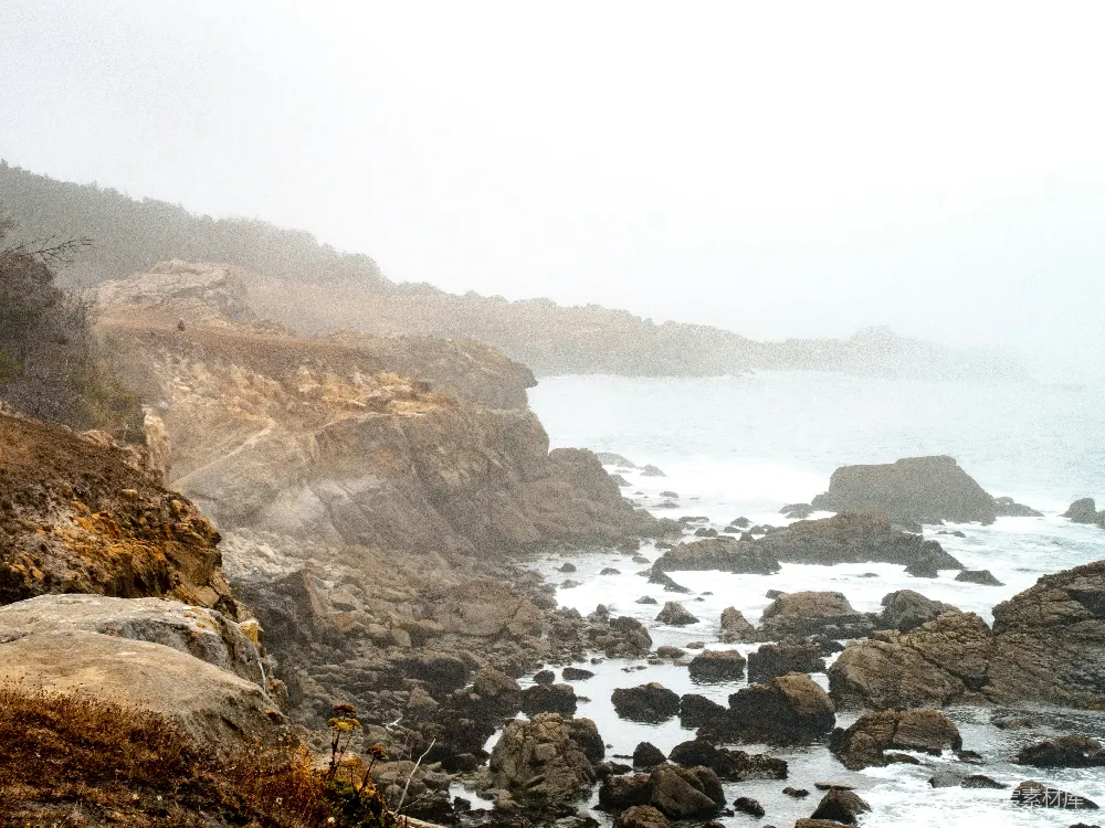 高清摄影 岩石海岸，岩石与雾气