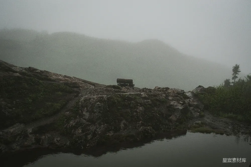 高清摄影 一头牛正站在一块岩石嶙峋的小山上，靠近一片水域。