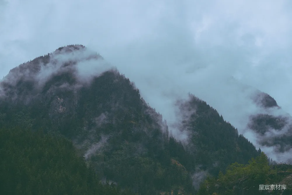 高清摄影 云雾缭绕的山林中的一个阴天景象