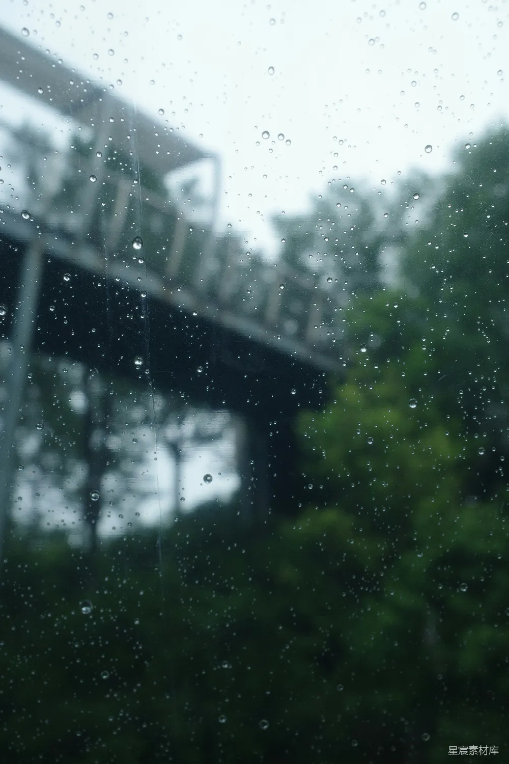 高清摄影 玻璃上的雨滴模糊了一座桥梁。