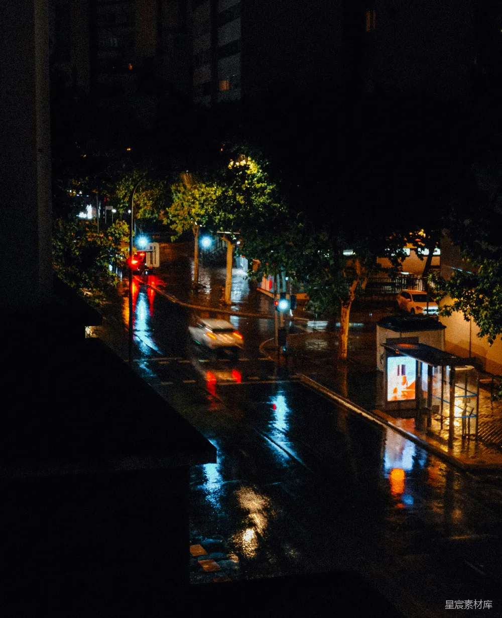 高清摄影 夜晚雨中的一条城市街道
