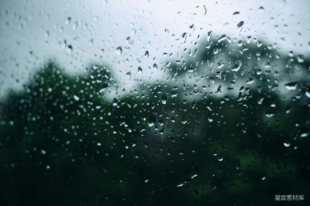 高清摄影 窗外被雨水打湿的窗户背景是树木。
